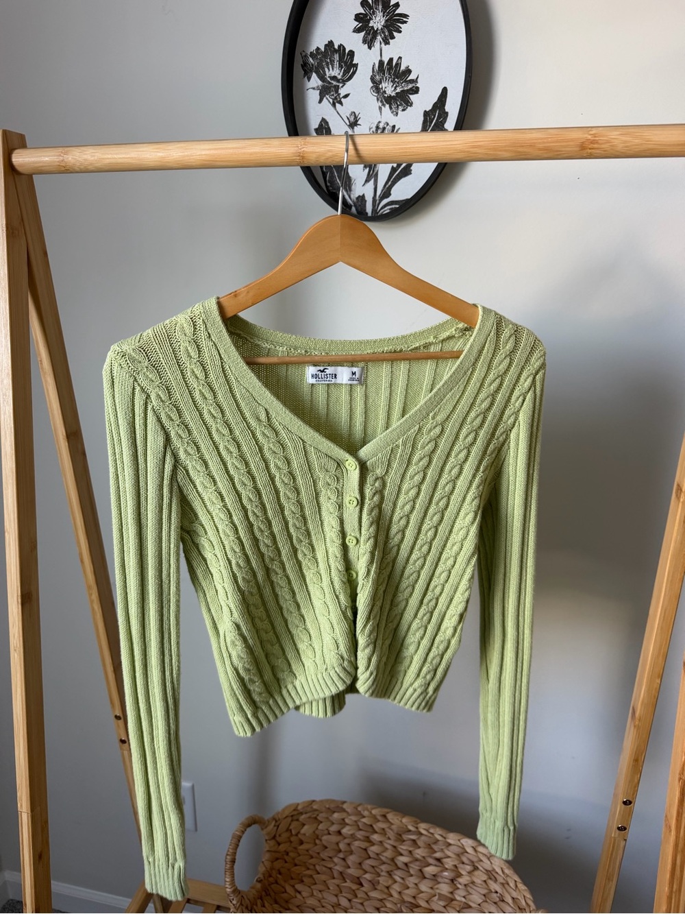 Hollister Light Lime Cable-Knit V-Neck Button Cardigan
